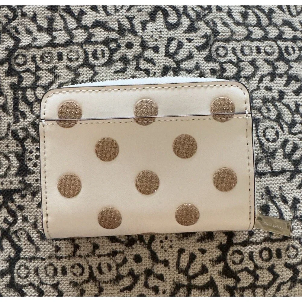 New Kate Spade Small Zip Around Card Case Wallet Wrapping Party Polka dot Gold
